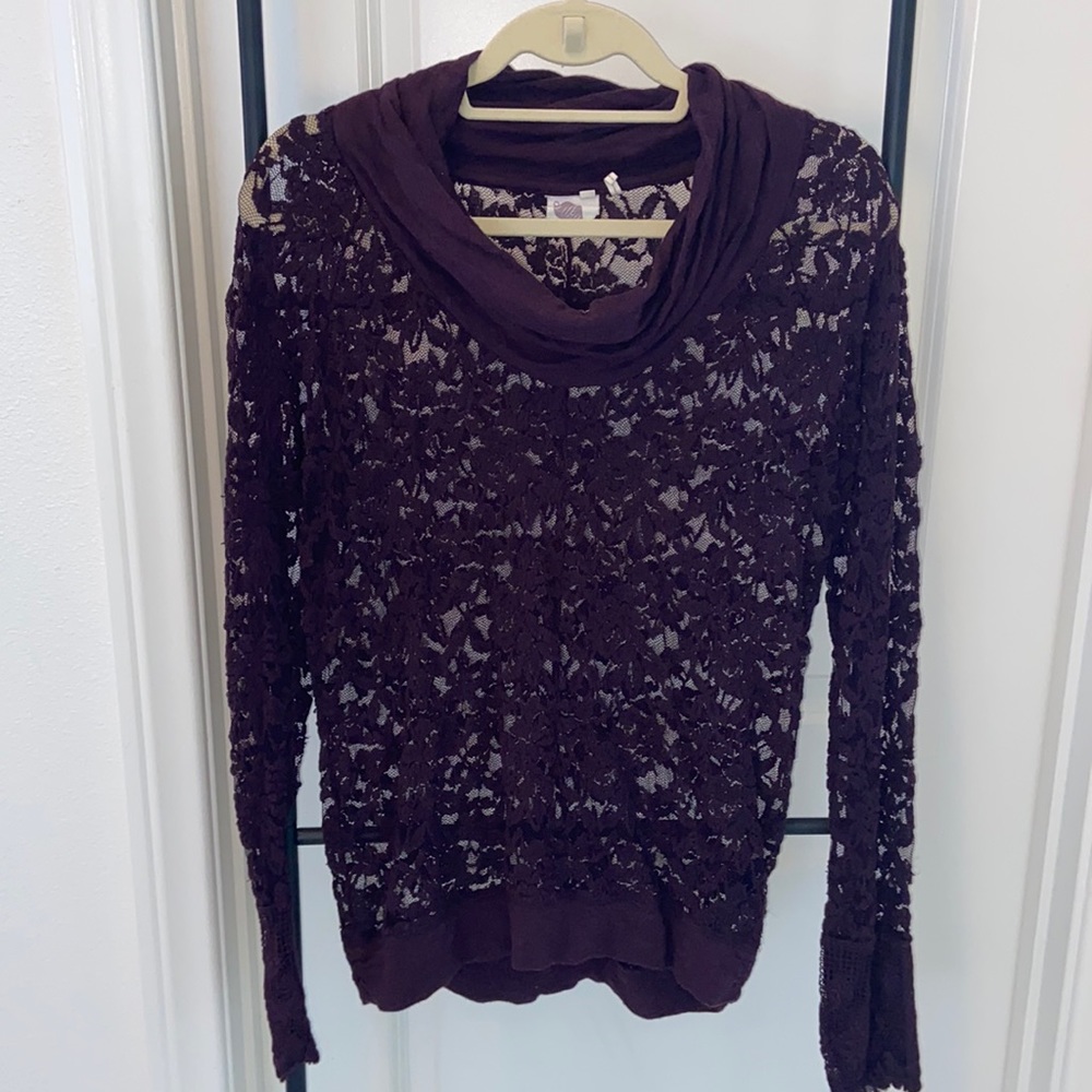 Anthropologie Luka Dark Plum Lace Cowl Neck Sweater - Size Small